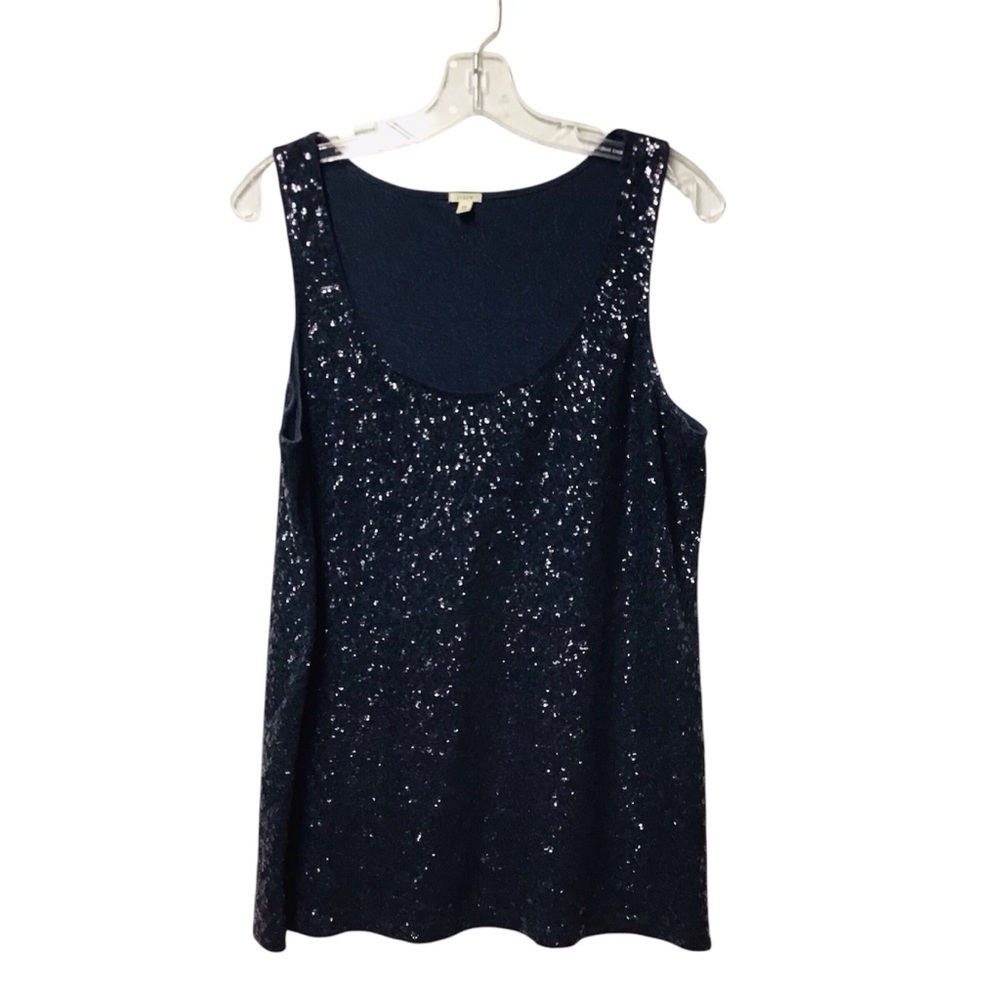 J.CREW Tank Top Womens XL Embellished Sequin Scoop Neck Cotton Linen Blend Blue